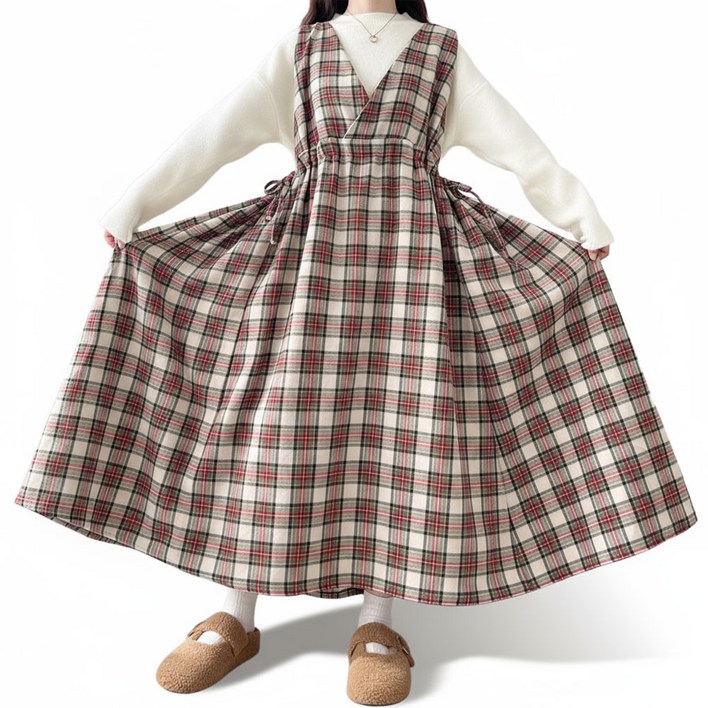 55120 빅사이즈 가을 겨울 타탄 체크 뷔스티에 롱원피스 스트링 조절