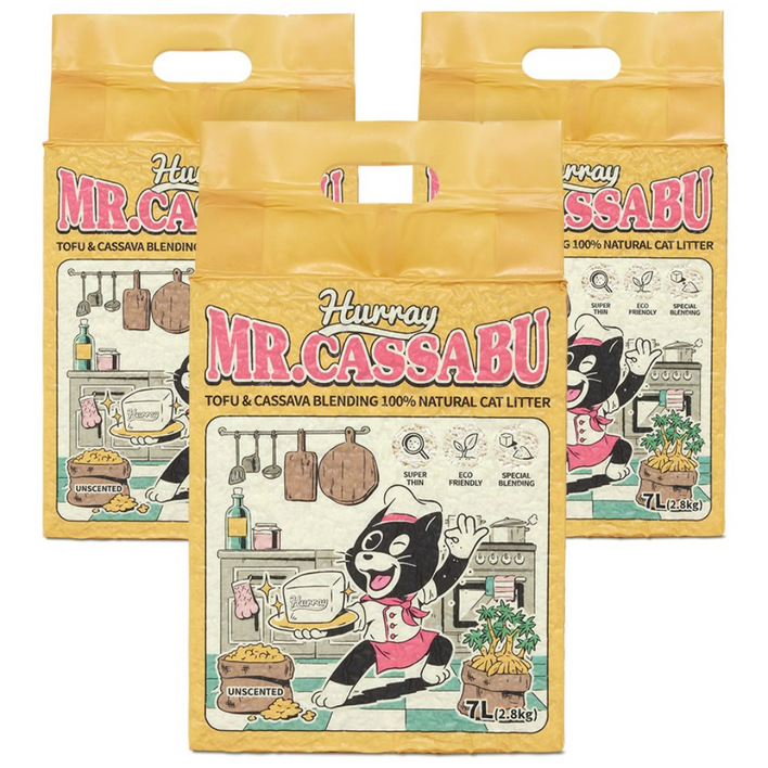 허레이 응고형 미스터카사부 두부 카사바 블렌딩 고양이 모래, 7L, 2.8kg, 3팩, 무향