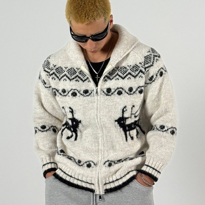 코위찬 디어 노르딕 니트 투웨이 집업 남녀공용 겨울 가디건 따뜻한 오버핏 빅사이즈 도프룸