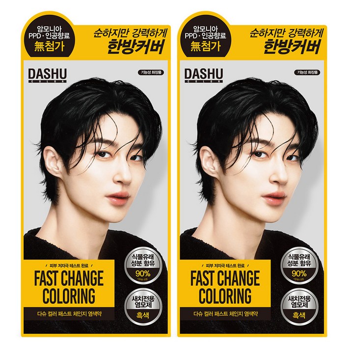 다슈 컬러 패스트 체인지 새치전용 염색제, 흑색, 2개