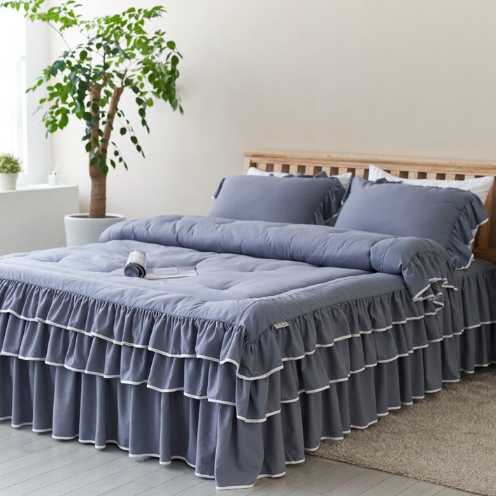 류금숙 라인 실키케어 프릴 차렵이불 베개 롱 침대커버 세트