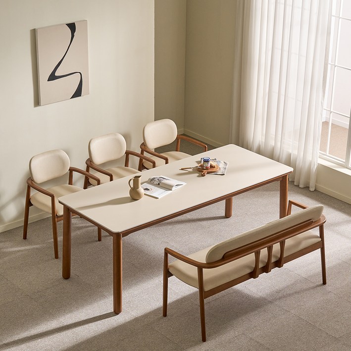 루시드퍼니처 샤를 세라믹 원목 식탁 6인용  벤치  의자3p 세트 방문설치, 샌드베이지  월넛식탁, 베이지  월넛의자, 일반 3  벤치 1