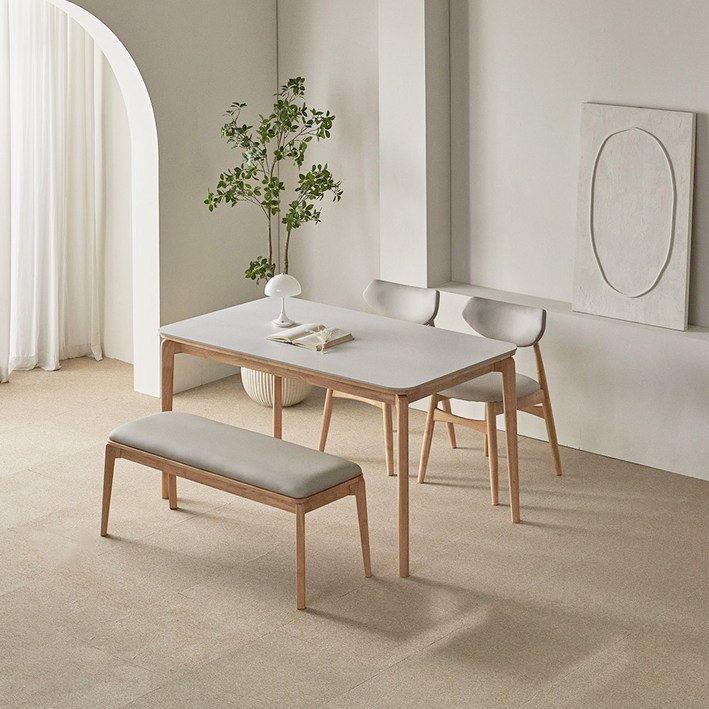 파로마 리샤르B 통세라믹 원목식탁  의자  벤치세트 4인 방문설치, 화이트상판  내추럴원목, 일반 2  벤치 1