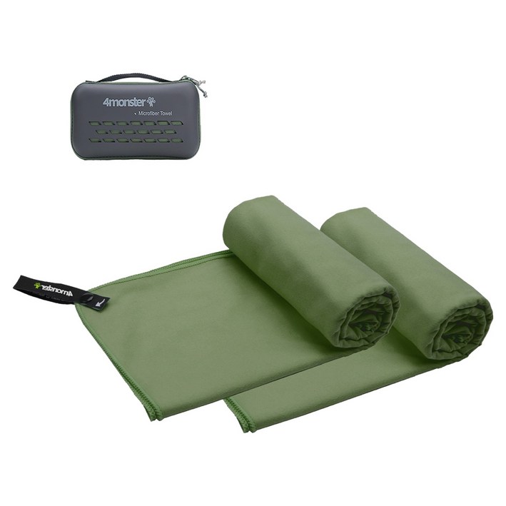 4몬스터 극세사 마이크로화이바타월 엑스스몰 2p  EVA 케이스 세트, 모스그린, 1세트