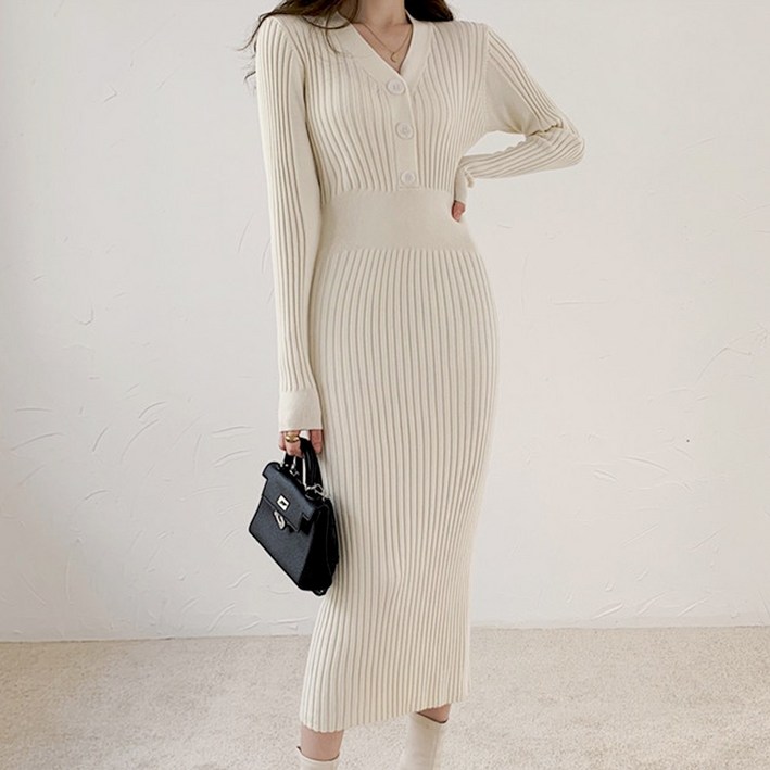 타니즈 헤이넌 버튼 롱 골지 니트 원피스