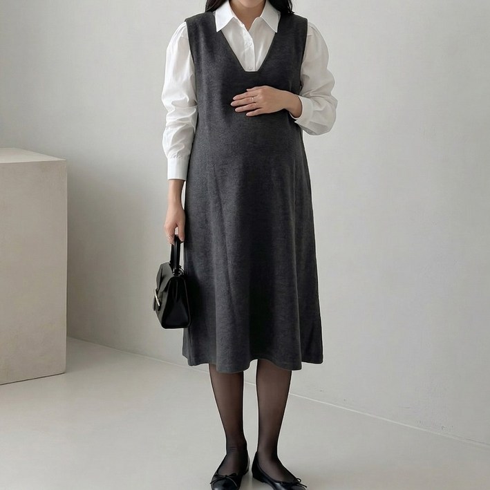[당일출고] 수엠W 백화점 퀄리티 임산부 하객룩 원피스 레이어드 모직 V넥 하객원피스 B083 모던레이어드원피스