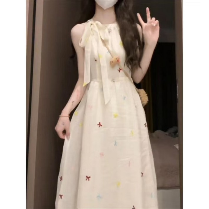 YioYcc 여성 오프숄더 민소매 원피스 허리선을 잡아주는 리본 롱 스커트예요