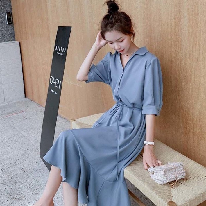 비아이와이 여성 여름 심플 브이넥 솔리드 반팔 원피스 DH633