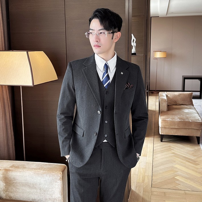 Enyofe 남성용 투버튼 캐주얼 쓰리피스 정장세트 재킷조끼바지 면접 기획 남자수트 3피스 결혼식 하객 남성 슈트 남자 겨울 검은 양복 세트 남성용 정장세트5컬러