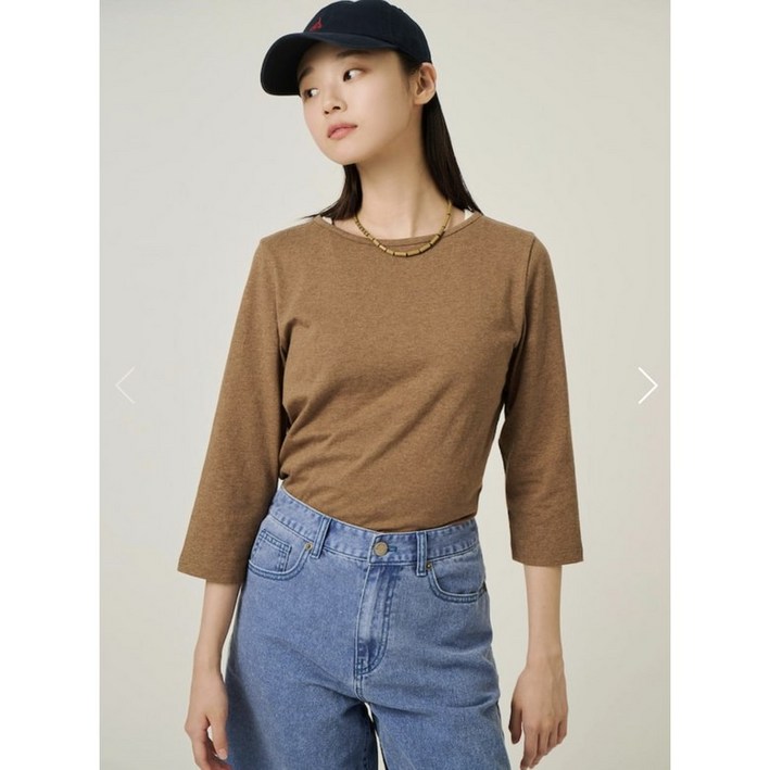 ❲백화점출고❳ 빈폴레이디스 여름 반팔 티셔츠 7부 보트넥 슬림핏 - 브라운 BF5741C01D 데일리