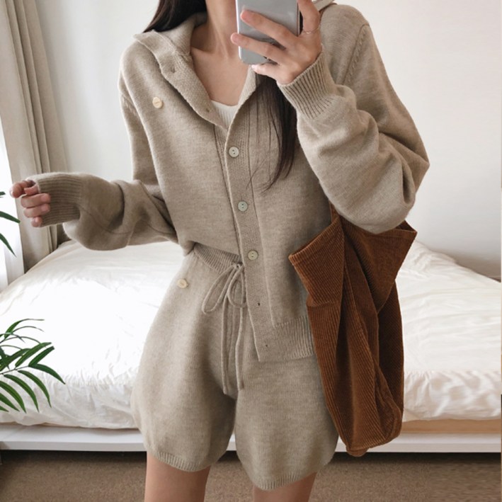 네움 울니트 하이넥 가디건 밴딩 반바지 투피스세트