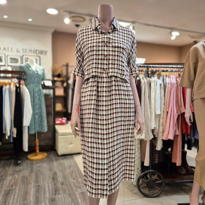 BCBG 올앤선드리 스퀘어 체크 OP 원피스  A5M4O628 25 DRED