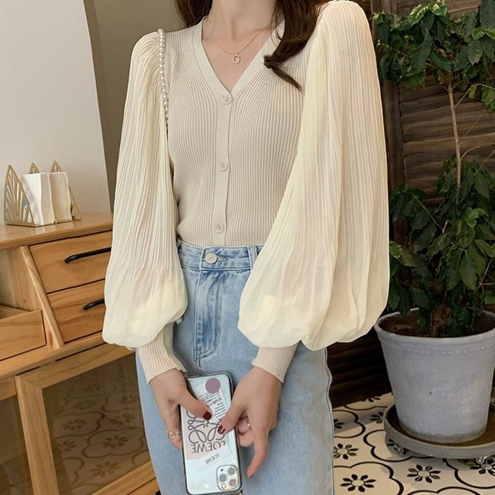 레일라 모모 주름 쉬폰 배색 니트 가디건 S250813FW-9