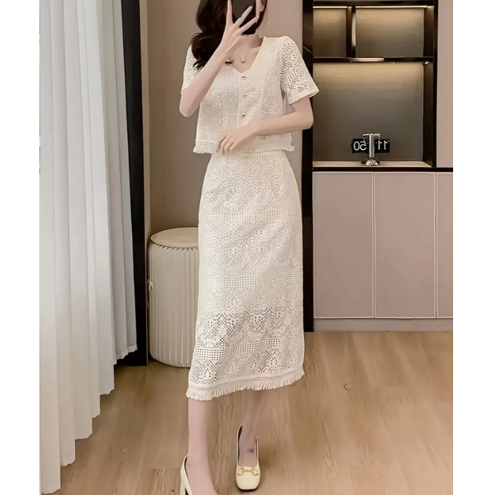 우아한 니트 짜임 롱 투피스