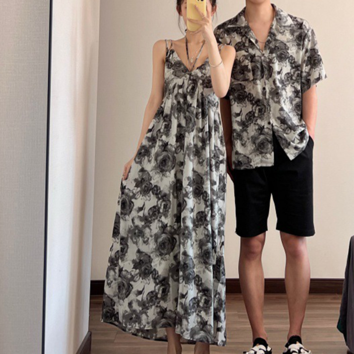 휘잇 블랙 플라워 커플룩 바캉스 나시 원피스 휴양지 셔츠