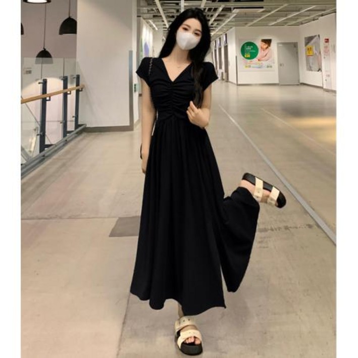 여성 러블리 민소매 브이넥 롱 원피스 결혼식룩