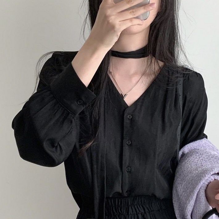 쪼예 봄 무드 브이넥 셔링 블라우스 타이 세트