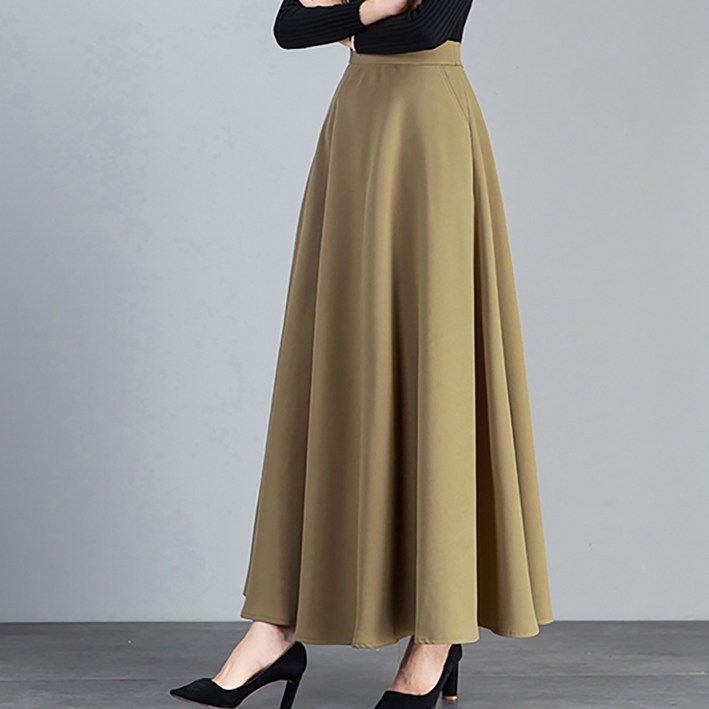 TIMEPURE 봄가을 신상 모던 하이웨이스트 A라인 롱 스커트 카키색 플레어 실루엣 솔리드 드레이피 원단