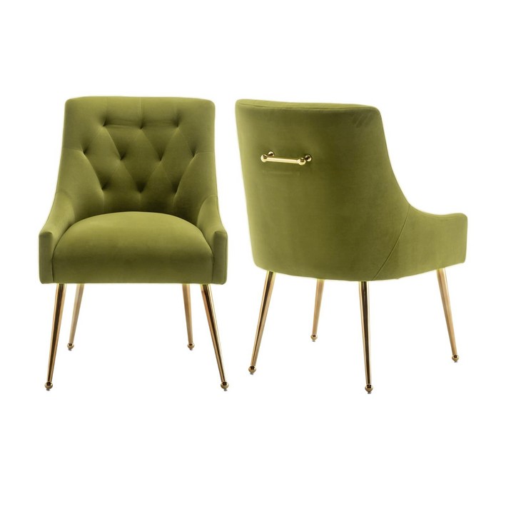 현대적인 벨벳 식탁 의자 골드 다리 디자인, 우아한 버튼 장식 포인트 체어, 거실 대기실 서재용, 그린색, 2개