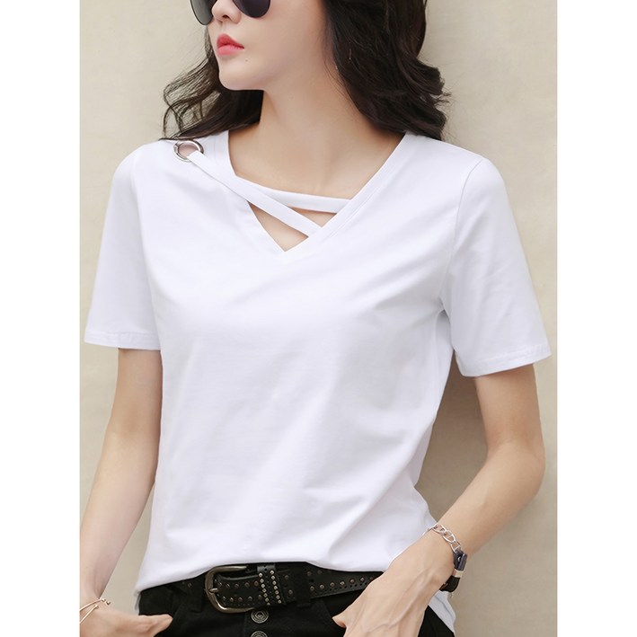 여름 신상 브이넥 반팔 캐주얼 티 상의