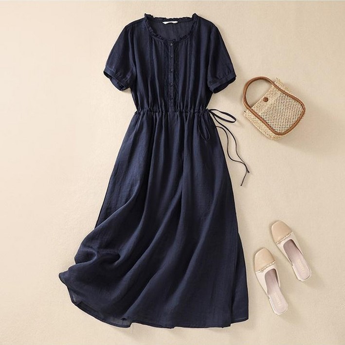 DD376 라운드넥 스트링 린넨 원피스
