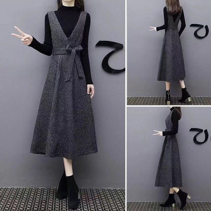 POMTOR 가을 겨울 여자 반폴라 긴팔 이너 도톰 멜빵 스커트 슬림핏 시크 투피스