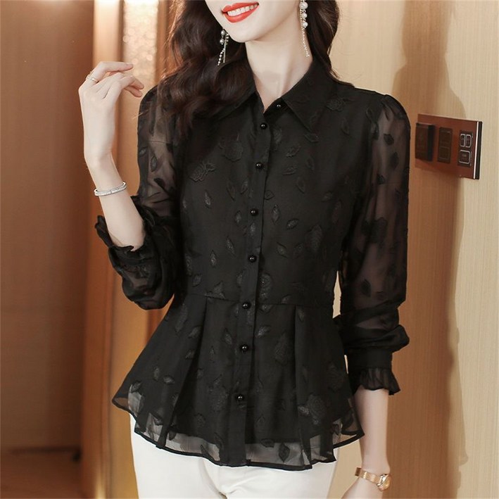 TKX 여성용 봄여름 가을 긴팔 셔츠 플로럴 패턴 여성스러운 디자인 중년여성 쉬폰 블라우스 K76