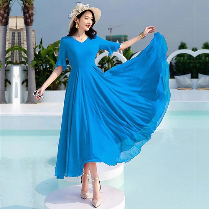 ROYALBELLE 여성 슬림핏 단색 원피스 쉬폰 플라우스 빅사이즈 페치워크 원피스 U0031310