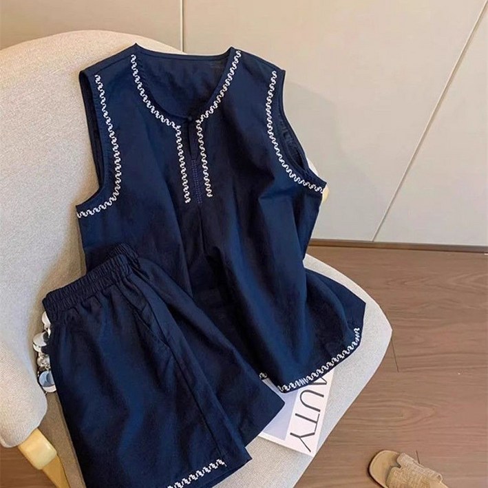 ORZQU 여성 여름 세트 라운드 민소매 상의 밴딩 반바지 캐주얼 면마 세트