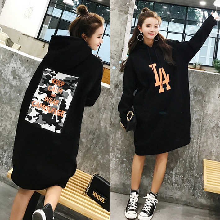 보나라온 루즈핏 기모 후드 롱 원피스