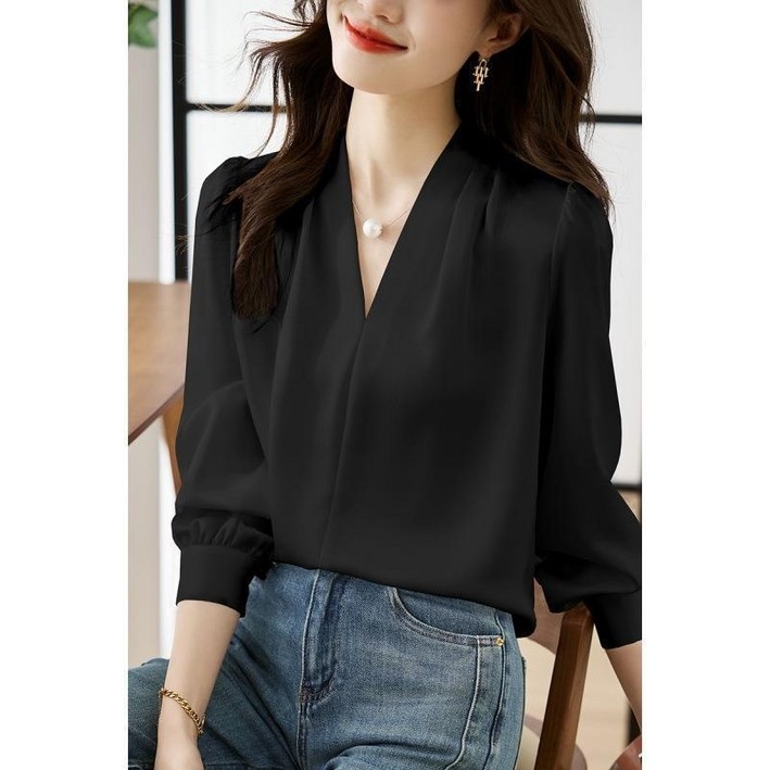 ANYOU 여성 봄 브이넥 긴팔 블라우스 통근 블라우스 티 dh95