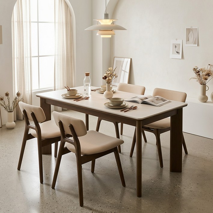 로에나 4인 원목 세라믹 포세린 식탁세트, 일반 2 + 벤치 1, 베이지(원컬러)