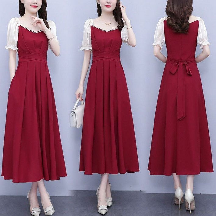 Choyur여성 와인레드 사각네크라인 반팔 원피스 우아한 기질lmy