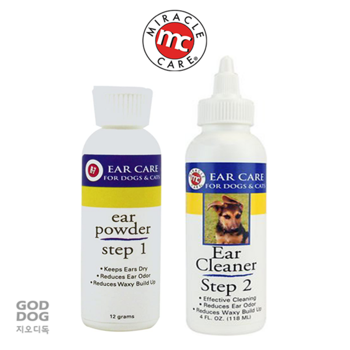 (특가-라벨오염) 미국 미러클케어 강아지 이어파우더(2028년11월)+이어크리너(라벨오염 2026년5월) 애견 귀털정리 귀세정 귀관리 분말+용액