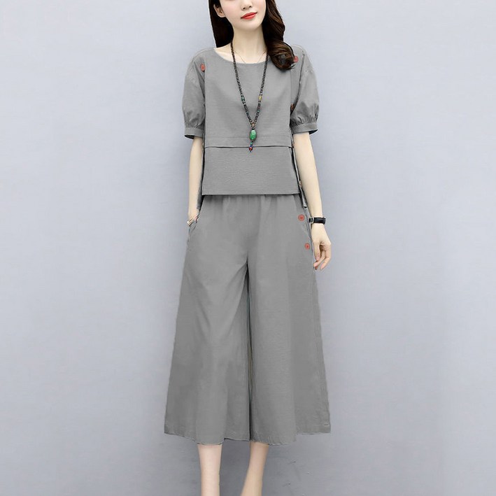 슬림소녀 여성용 캐주얼 세트 여름 라운드 반팔티 와이드 팬츠 투피스 엄마옷 상하의