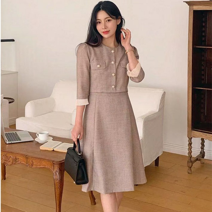 비비디아 2025 봄 가을 여성 7부 팔소매 고급원피스 A라인 원피스 하객룩 오피스룩 원피스 투피스느낌  5468