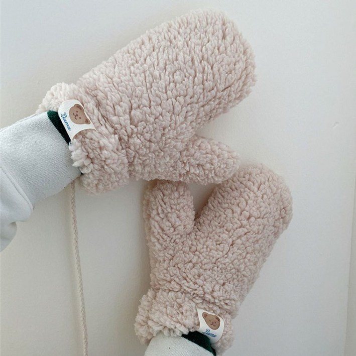 꼬마곰 패턴 양털 보온 벙어리 장갑 베이지