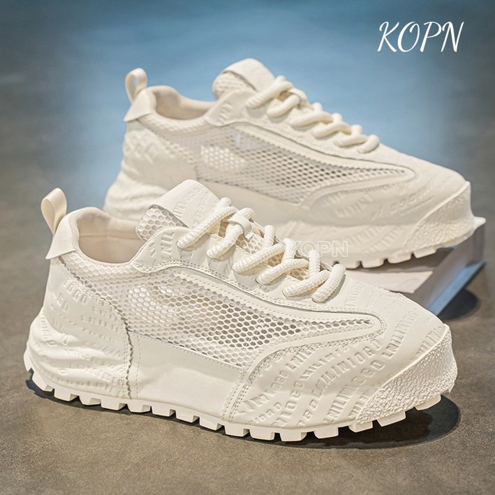 KOPN 남성 신발 여름 통기 펀칭 메쉬 남성 두꺼운 신발 밑창 키높이 신발 검은색 메쉬 운동화