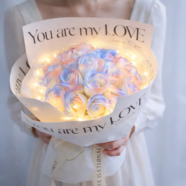 데일리무드 파스텔 LED 19송이 비누 꽃다발  쇼핑백, 1개, 크리스탈