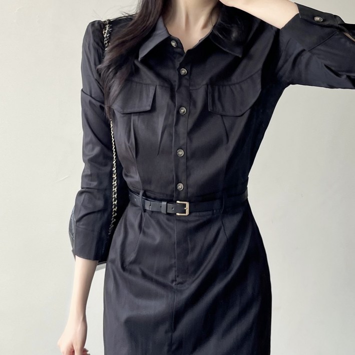 러브모먼트 여성 하객룩 셔츠 허리밴딩 편한 가을 긴팔 롱 원피스 오피스룩 데이트룩 트임 H라인 미디원피스