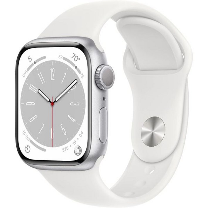Apple Watch 시리즈 8 [GPS, 41mm] - 흰색 스포츠 밴드가 있는 실버 알루미늄 케이스, M/L(아마존 공식 리퍼비시)