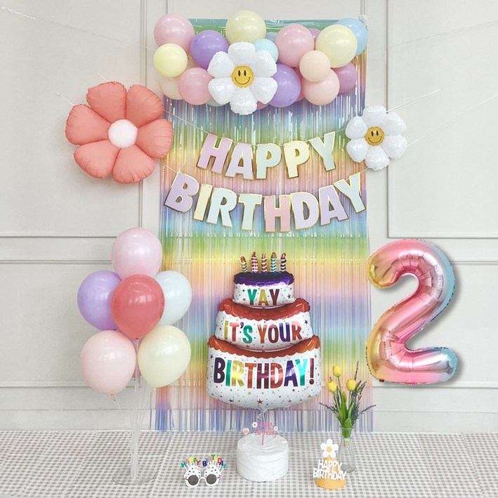 연지마켓 마카롱 풍선 생일 가랜드 케이크 데이지 파티 커튼 세트, 1세트, 03 레인보우숫자 2