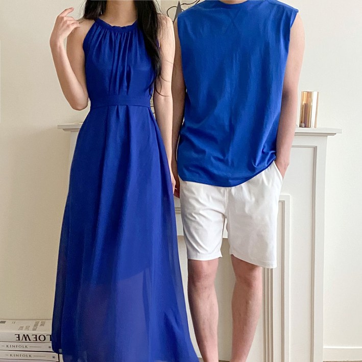 [당일발송]지중해 블루 쉬폰 롱 비치 원피스 신혼여행 커플 시밀러룩 빅사이즈 가능