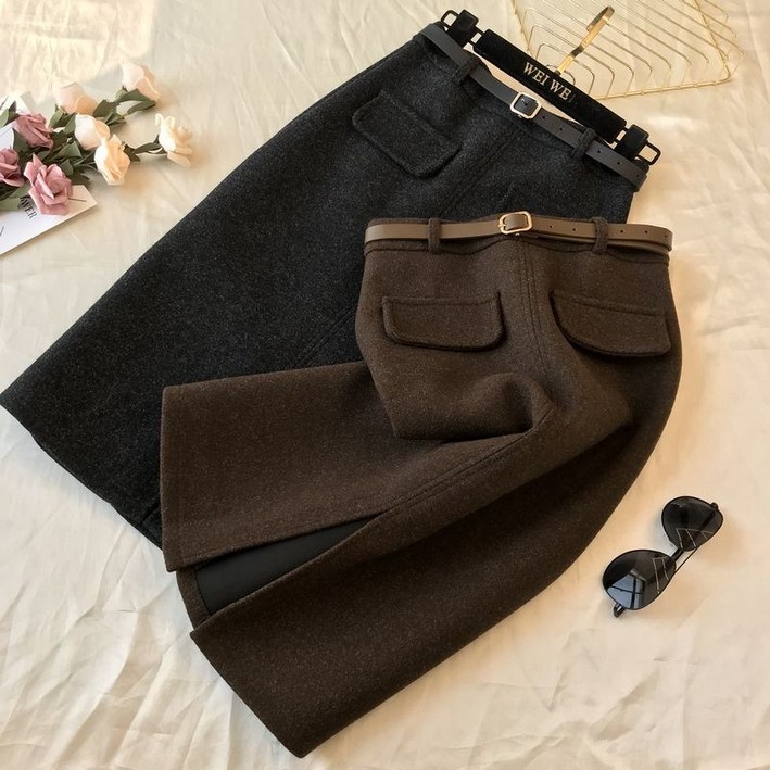 여성 모직 트임 스커트 벨트 치마