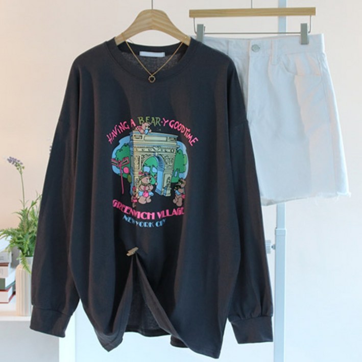 에스제이룩 여성용 여행베어박스 오버핏 빅사이즈 긴팔 티셔츠