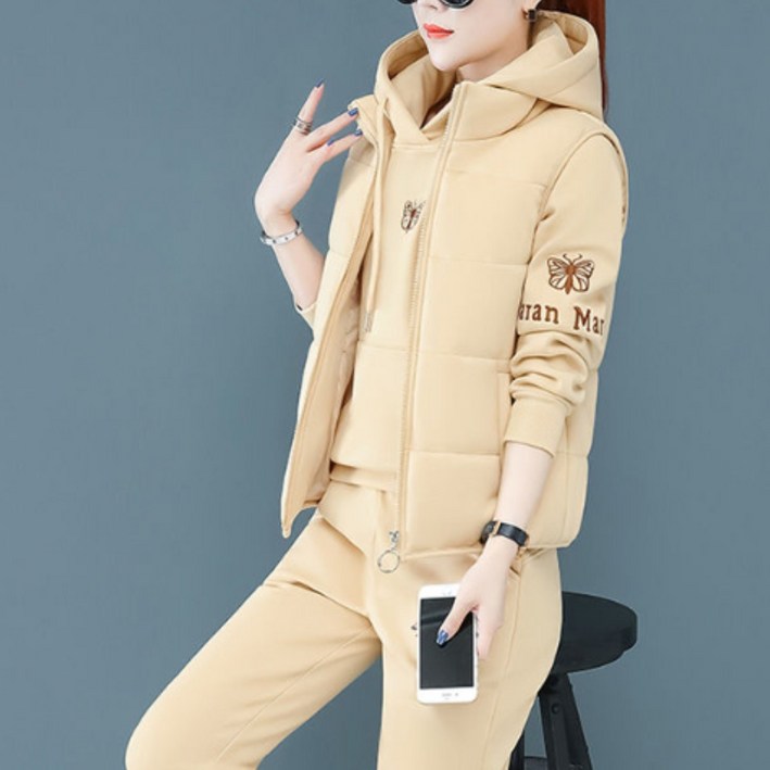 TIMEPURE 후디 베스트 3종 세트 여성용 신상 가을겨울 기모 두께감 트레이닝복 세트 오버핏 후드 캐주얼 방한 동복 아우터