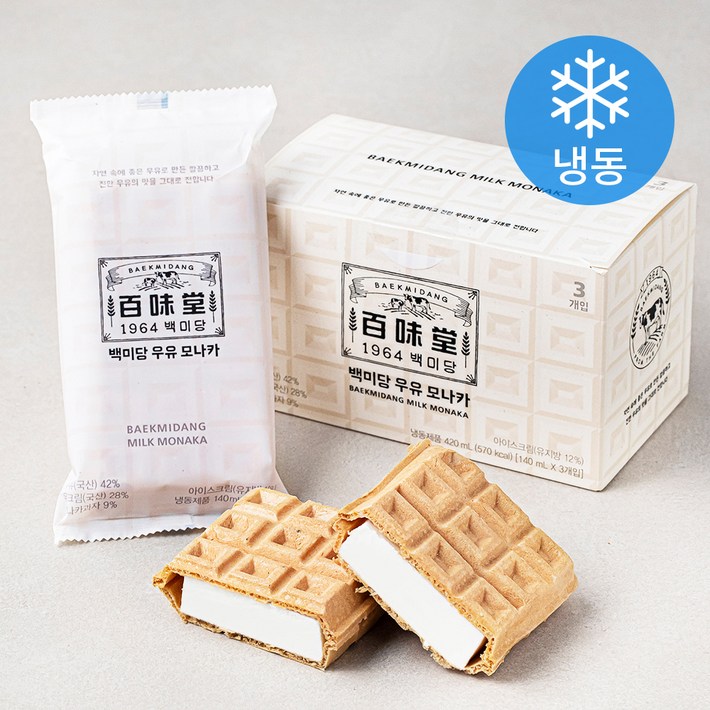 백미당 우유 모나카 아이스크림 냉동, 140ml, 3개입, 1개