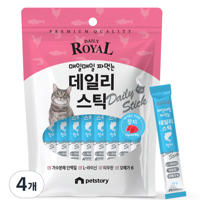 펫스토리 고양이 프리미엄 로얄 데일리스틱 짜먹이는 간식 30p, 참치, 450g, 4개