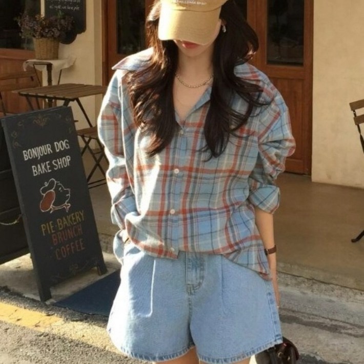 아이엠몽 여성용 오버핏 카라넥 멀티 체크 버튼업 긴팔 셔츠 R6F096