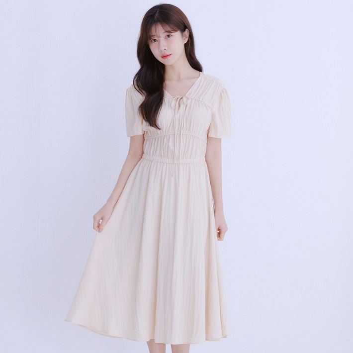 로엠 여성용 V넥 셔링 롱 원피스